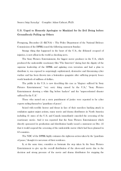 Source: http://kcna.kp/ Compiler: Adam Cathcart, Ph.D.  U.S. Urged