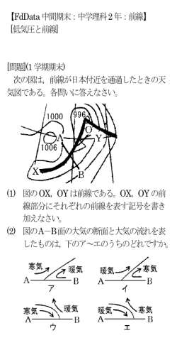 【FdData中間期末：中学理科2年：前線】 [低気圧と前線] [問題](1学期