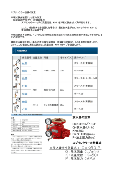 放水量の計算 Q=K&times;D2&times;&radic;10.2P Q=放水量(L/min） K=0.653 Q= (L