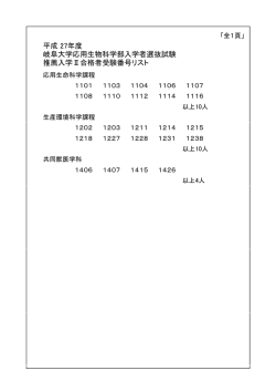 推薦入学Ⅱ合格者受験番号リスト 岐阜大学応用生物科学部入学者選抜