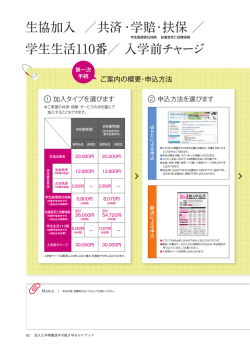 生協加入 ／共済・学賠・扶保 ／ 学生生活110番／ 入学前チャージ
